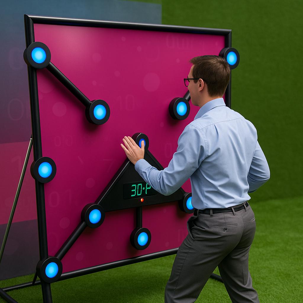 Woman playing Batak reaction game at a fitness event in Dubai, touching illuminated buttons to test her speed and reflexes. "Speedy Speedy" displayed on wall.